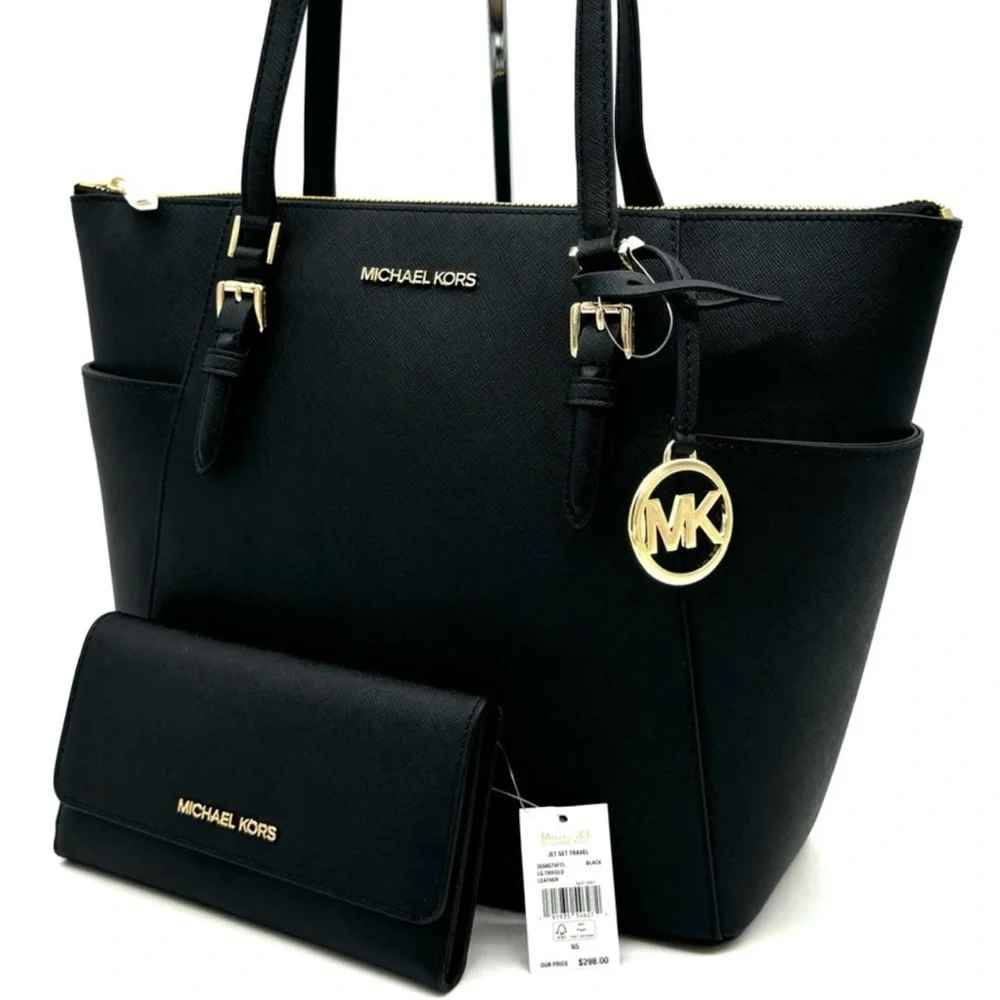 Michael Kors Large Charlotte TZ Tote Bag & Large Trifold Wallet Black/Gold - Picture 2 of 14